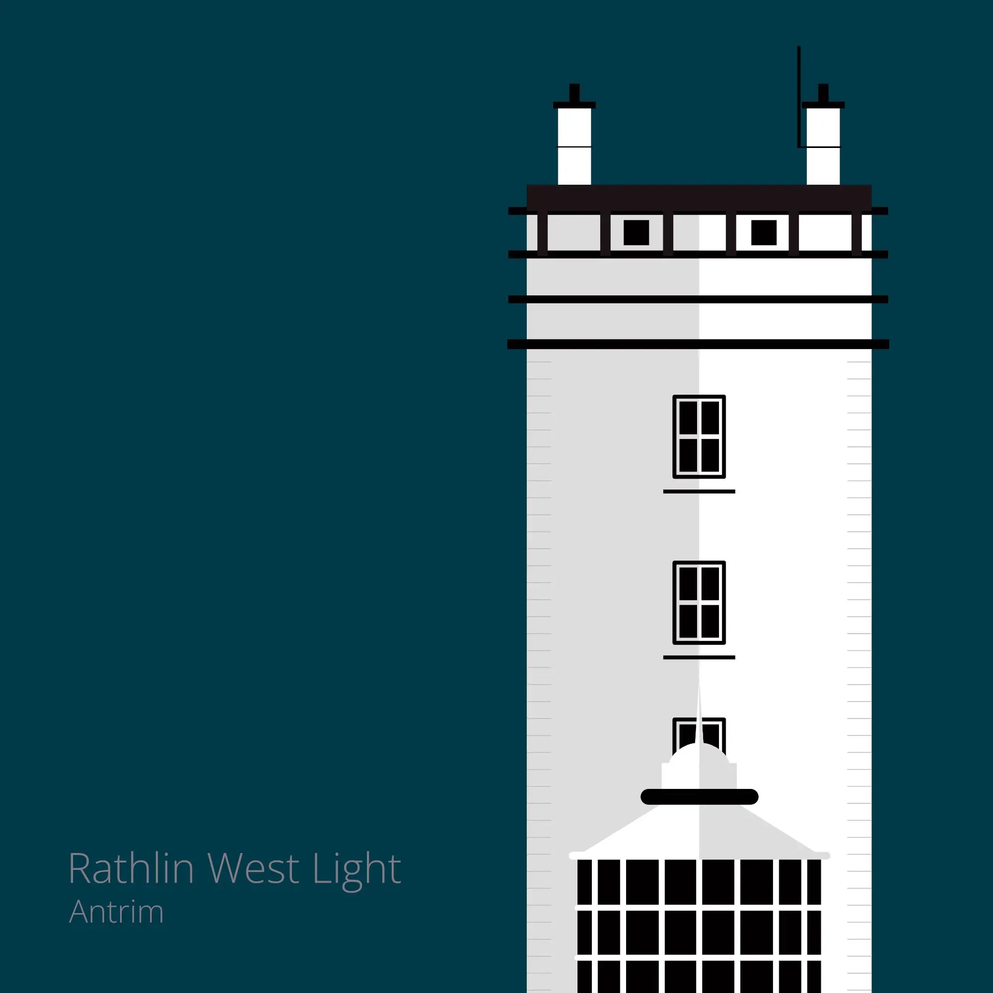 Illustration of Rathlin West lighthouse on a midnight blue background