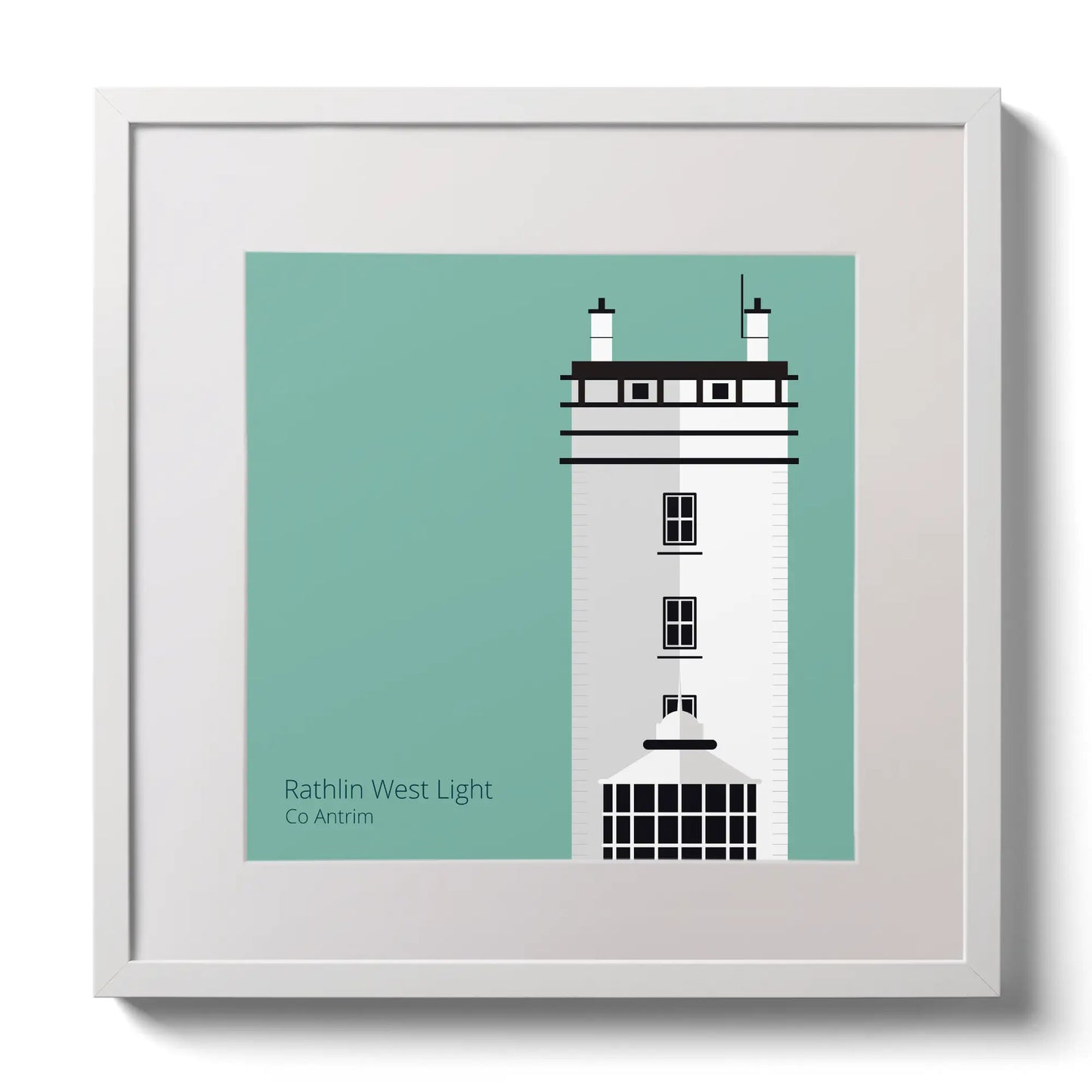 Illustration of Rathlin West lighthouse on an ocean green background,  in a white square frame measuring 30x30cm.