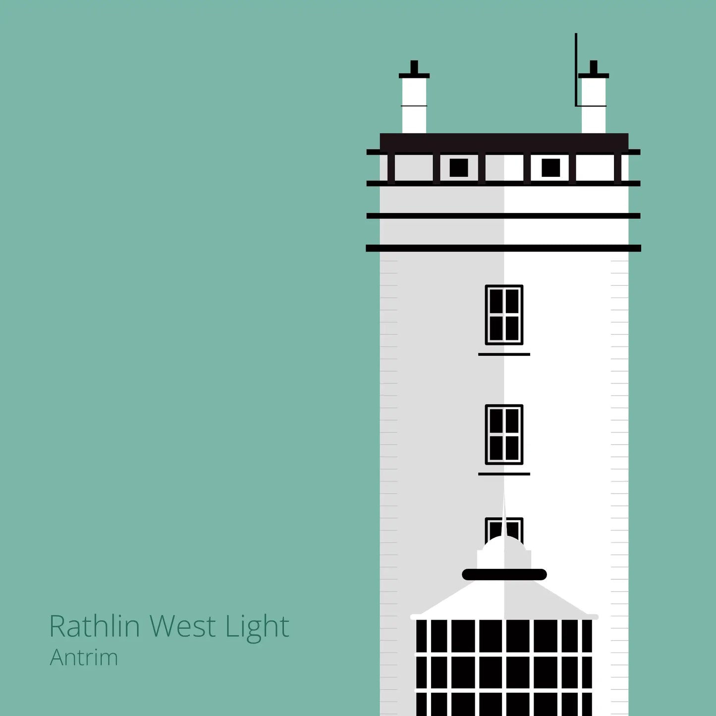 Illustration of Rathlin West lighthouse on an ocean green background