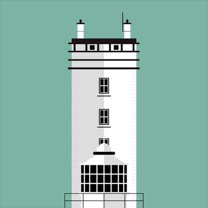 Illustration of Rathlin West lighthouse on a white background inside light blue square.