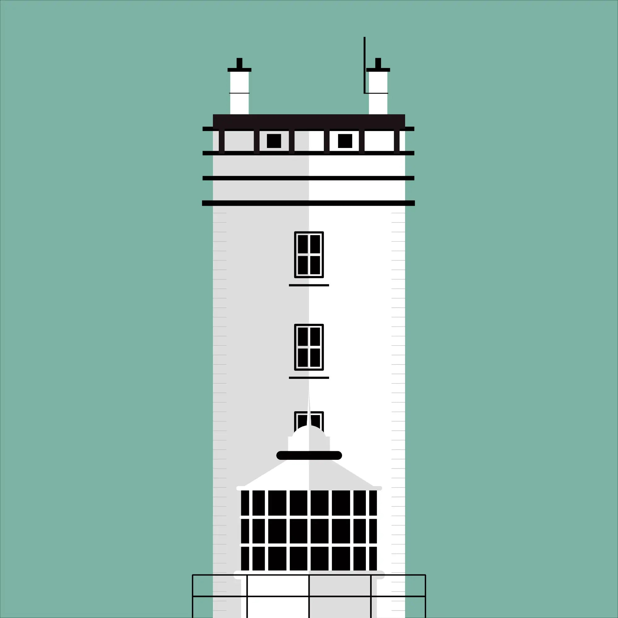 Illustration of Rathlin West lighthouse on a white background inside light blue square.