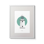 Illustration of Blackhead lighthouse on a white background inside light blue square,  in a white frame measuring 30x40cm.