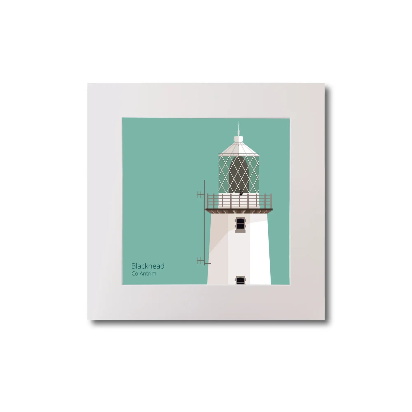 Illustration of Blackhead lighthouse on an ocean green background, mounted and measuring 20x20cm.