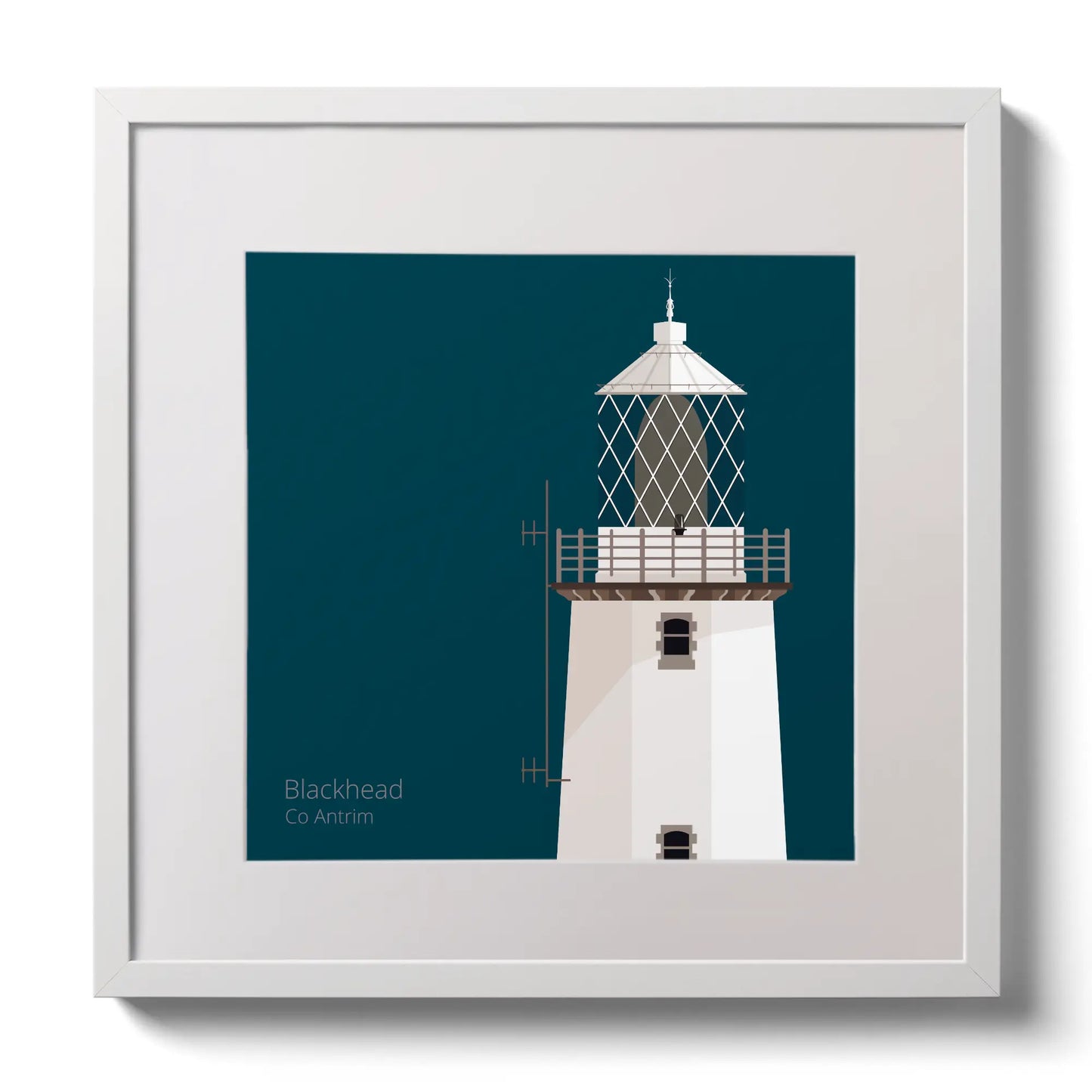 Illustration of Blackhead lighthouse on a midnight blue background,  in a white square frame measuring 30x30cm.