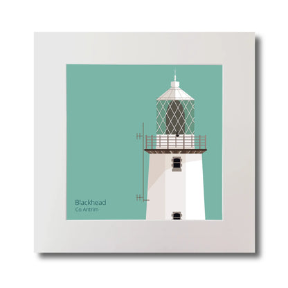 Illustration of Blackhead lighthouse on an ocean green background, mounted and measuring 30x30cm.