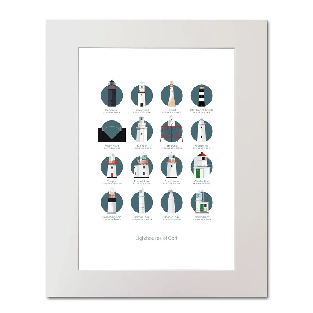 Illustration of the Great Lighthouses of County Cork in Ireland on a white background inside light blue squares, mounted and measuring 40x50cm.
