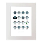 Illustration of the Great Lighthouses of County Cork in Ireland on a white background inside light blue squares, mounted and measuring 40x50cm.