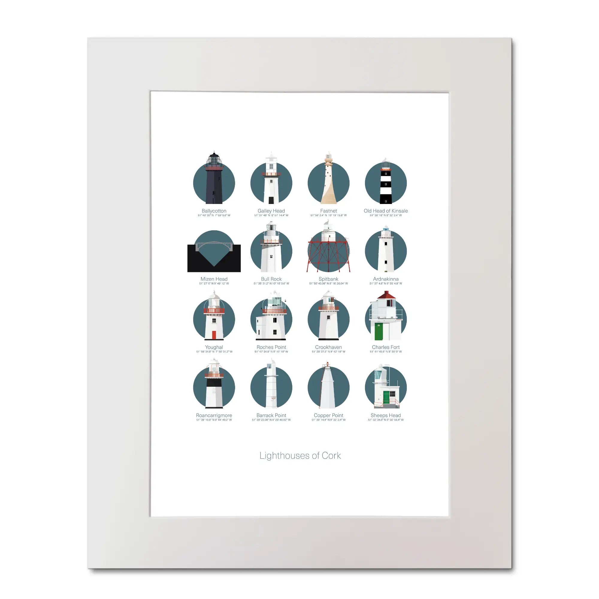 Illustration of the Great Lighthouses of County Cork in Ireland on a white background inside light blue squares, mounted and measuring 40x50cm.