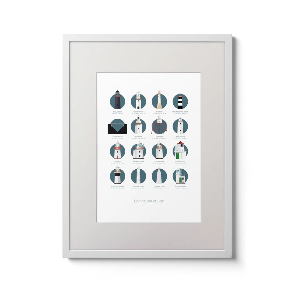 Illustration of the Great Lighthouses of County Cork in Ireland on a white background inside light blue squares,  in a white frame measuring 30x40cm.