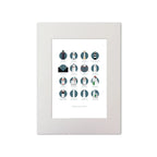 Illustration of the Great Lighthouses of County Cork in Ireland on a white background inside light blue squares, mounted and measuring 30x40cm.