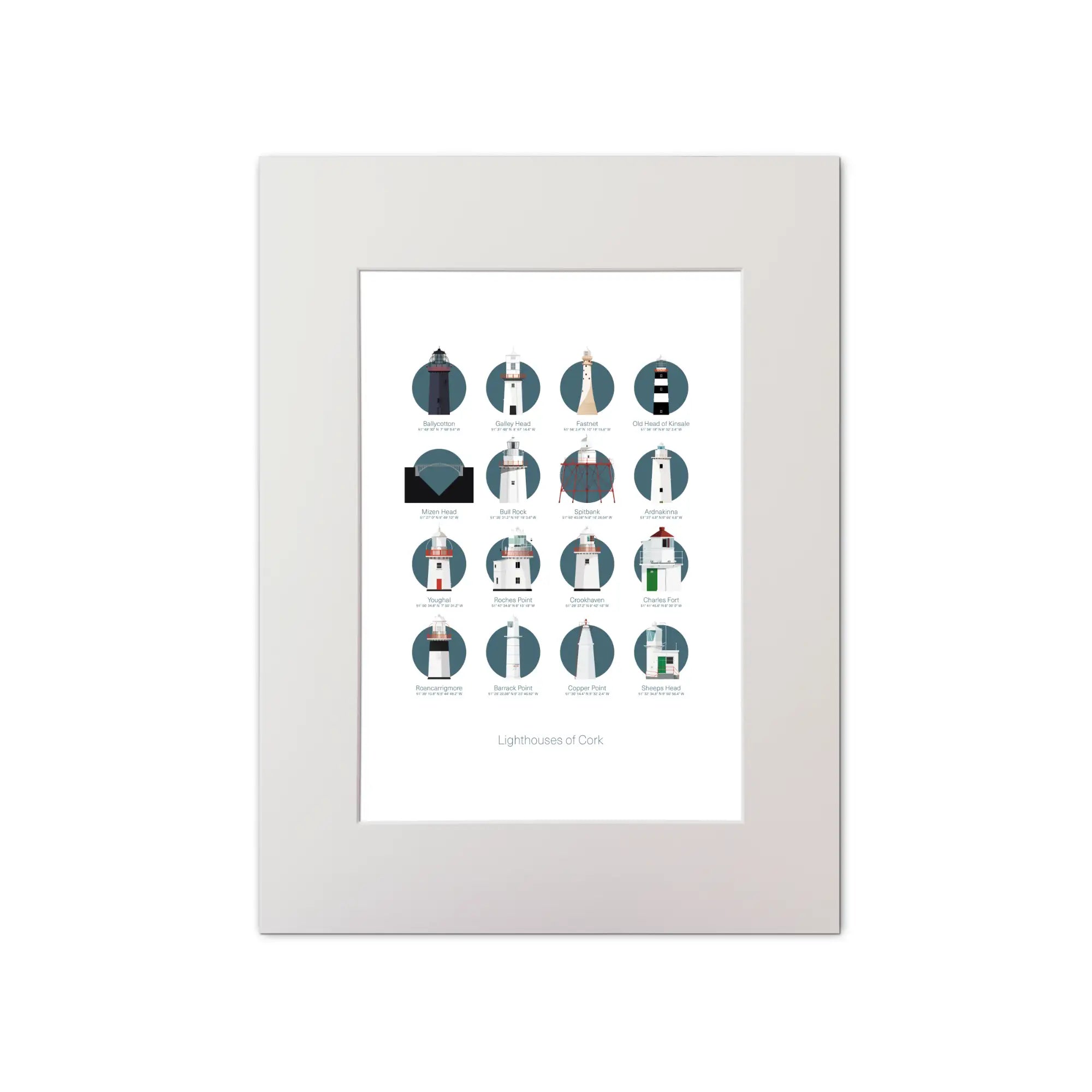 Illustration of the Great Lighthouses of County Cork in Ireland on a white background inside light blue squares, mounted and measuring 30x40cm.