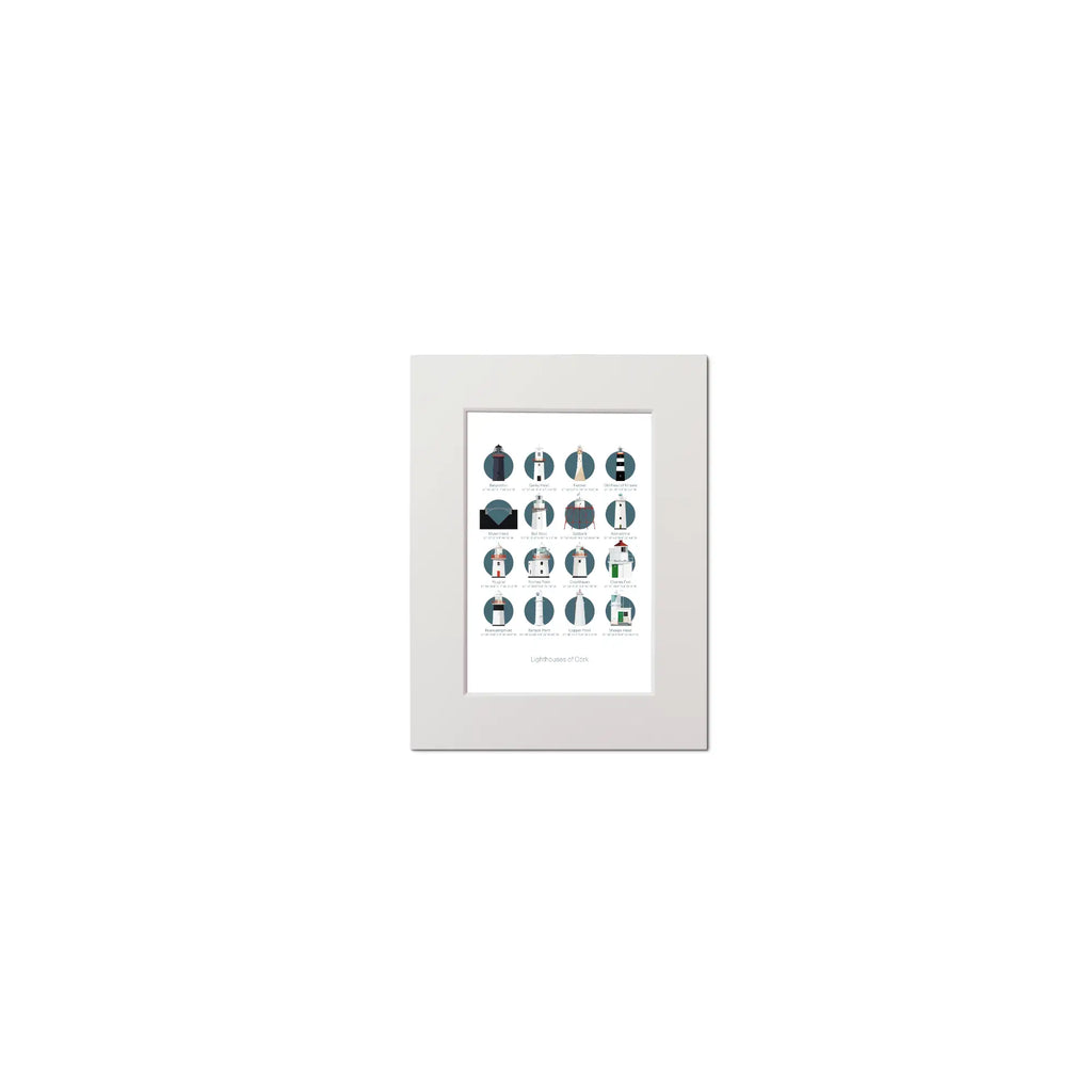 Illustration of the Great Lighthouses of County Cork in Ireland on a white background inside light blue squares, mounted and measuring 15x20cm.