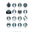 Illustration of the Great Lighthouses of Ireland on a white background inside light blue squares.