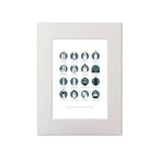 Illustration of the Iconic lighthouses along the Wild Atlantic Way on the West Coast of Ireland  on a white background inside light blue squares, mounted and measuring 30x40cm.