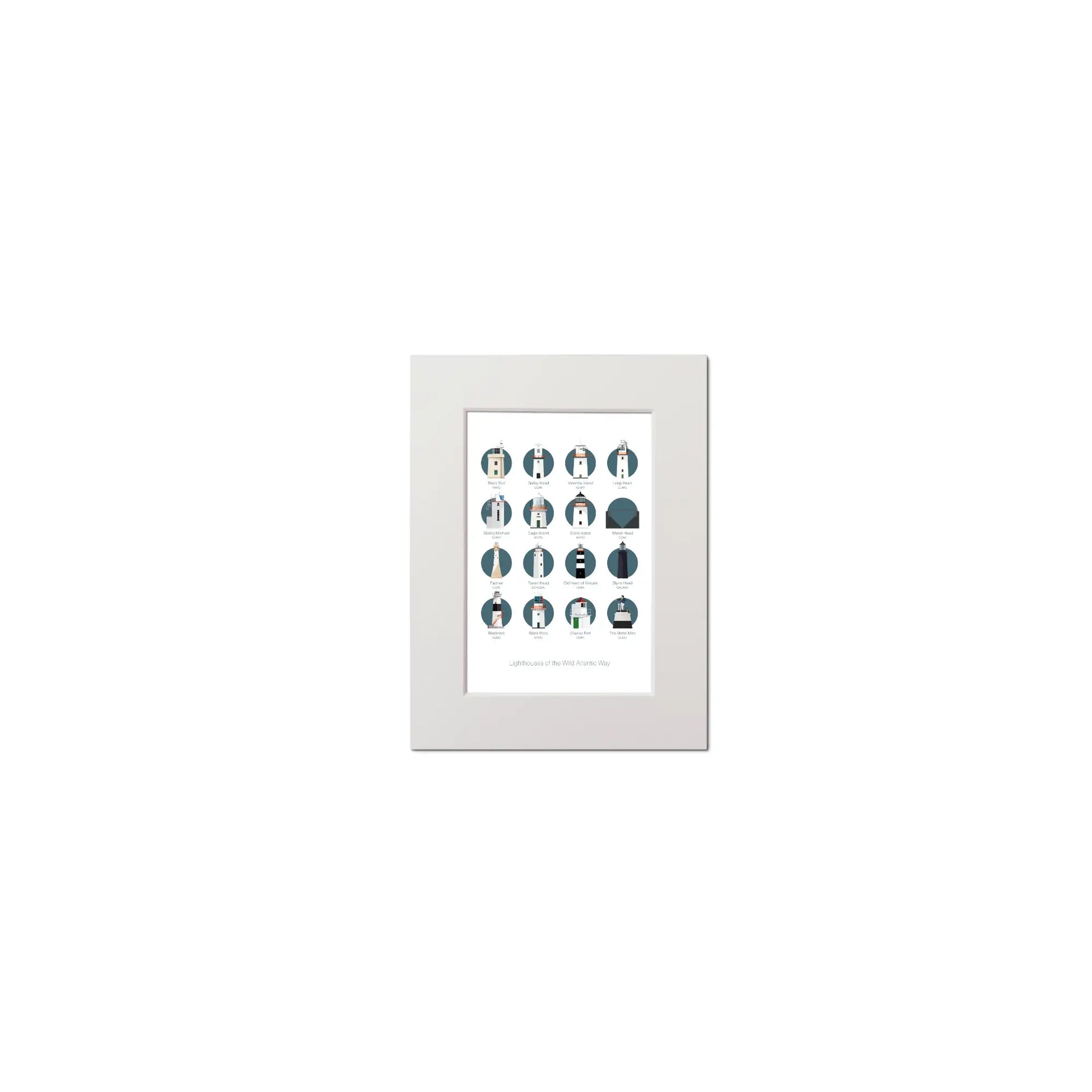 Illustration of the Iconic lighthouses along the Wild Atlantic Way on the West Coast of Ireland  on a white background inside light blue squares, mounted and measuring 15x20cm.
