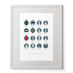 Illustration of the Iconic lighthouses along the Ireland's Ancient East on the East Coast of Ireland  on a white background inside light blue squares,  in a white frame measuring 40x50cm.