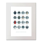 Illustration of the Iconic lighthouses along the Ireland's Ancient East on the East Coast of Ireland  on a white background inside light blue squares, mounted and measuring 40x50cm.