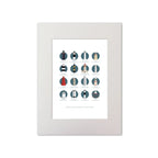 Illustration of the Iconic lighthouses along the Ireland's Ancient East on the East Coast of Ireland  on a white background inside light blue squares, mounted and measuring 30x40cm.