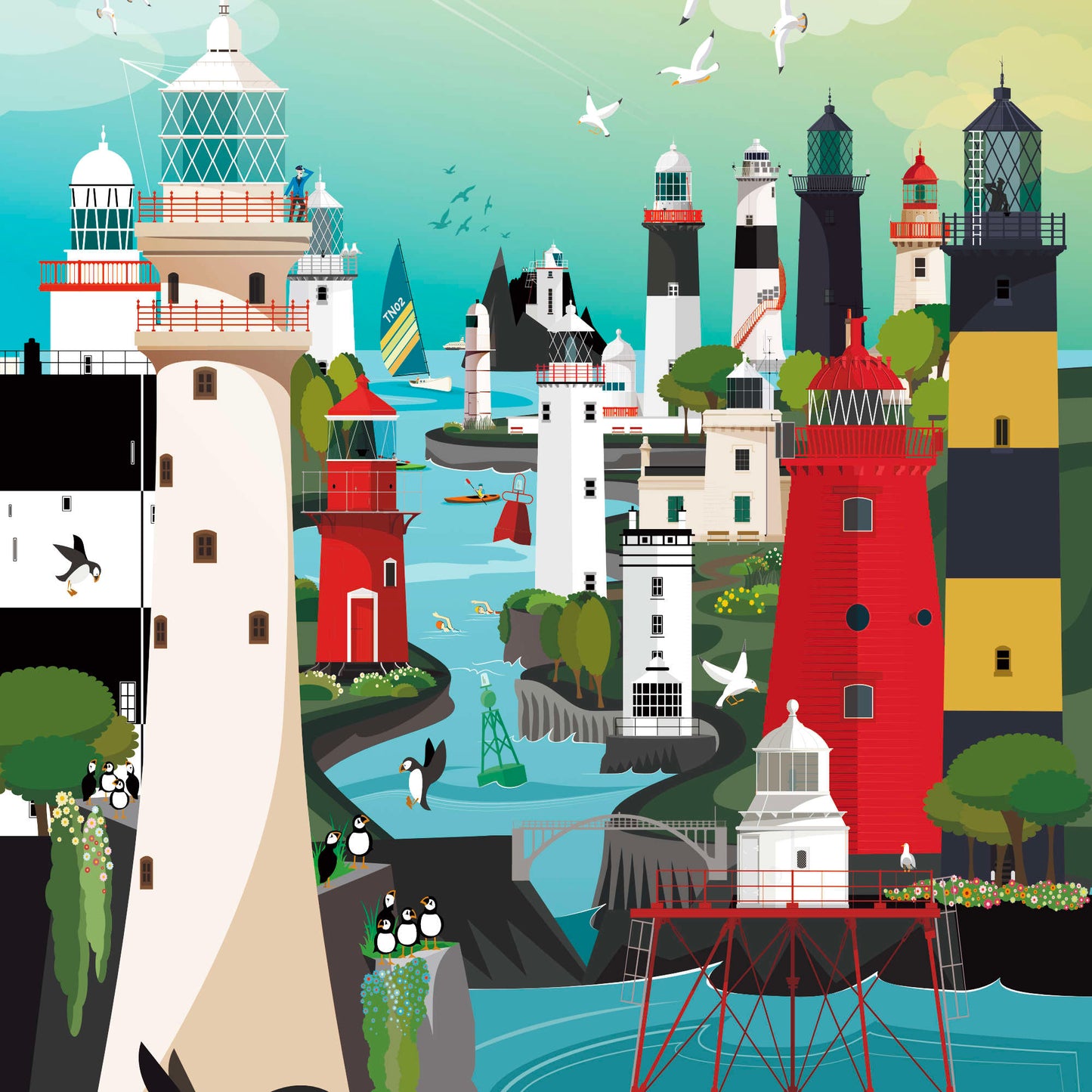 Colourful print based from the Great Lighthouses of Ireland jigsaw puzzle.