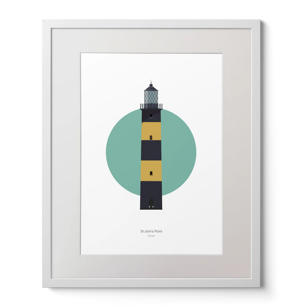 Illustration of St. John's lighthouse on a white background inside light blue square, in a white frame measuring 40x50cm.