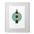 Illustration of St. John's lighthouse on a white background inside light blue square, in a white frame measuring 40x50cm.