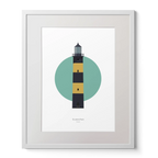Illustration of St. John's lighthouse on a white background inside light blue square, in a white frame measuring 40x50cm.