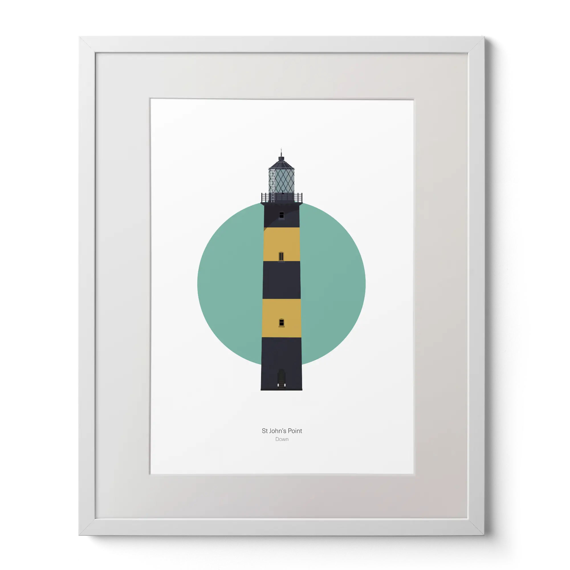 Illustration of St. John's lighthouse on a white background inside light blue square, in a white frame measuring 40x50cm.