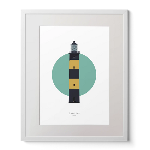 Illustration of St. John's lighthouse on a white background inside light blue square, in a white frame measuring 40x50cm.