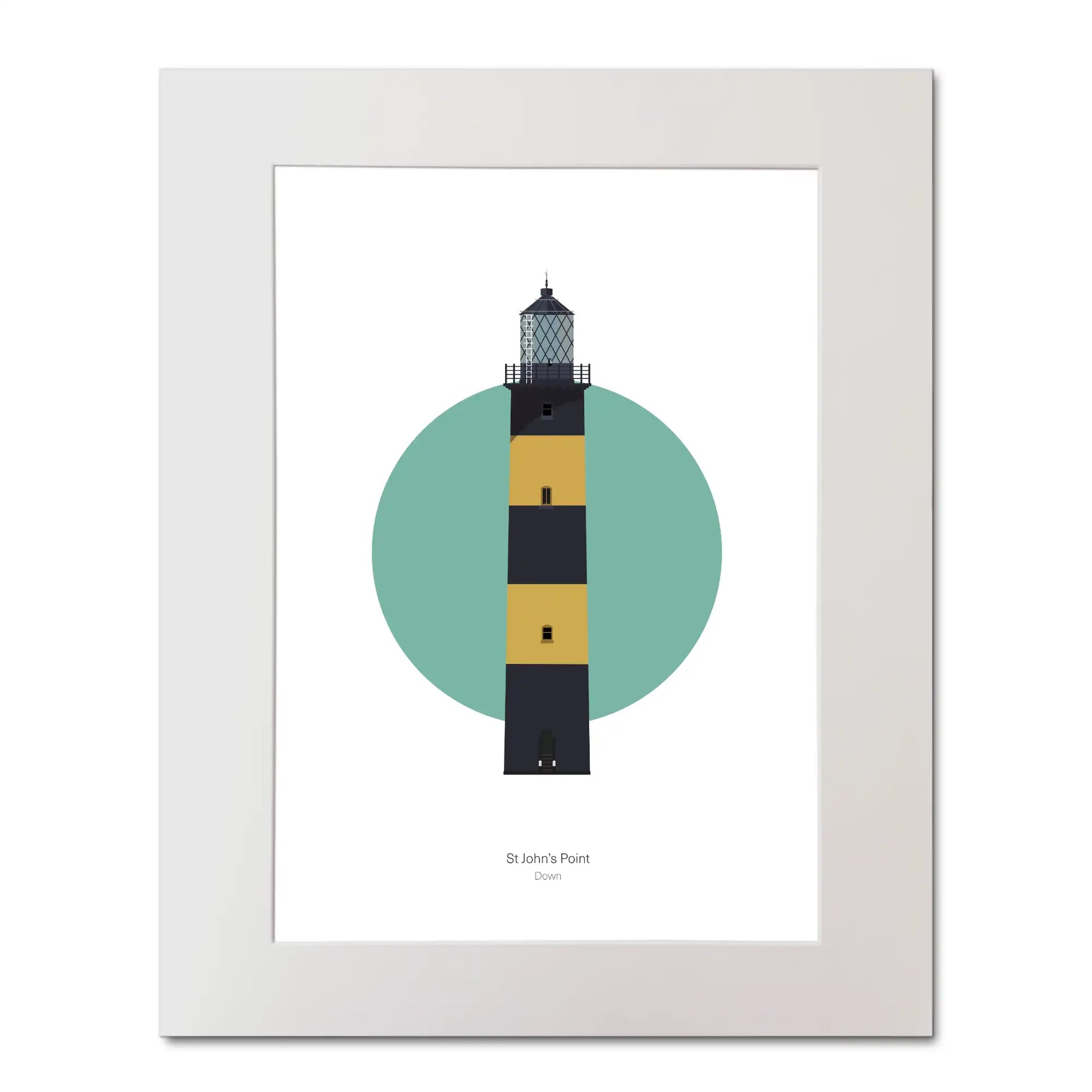Illustration of St. John's lighthouse on a white background inside light blue square, mounted and measuring 40x50cm.