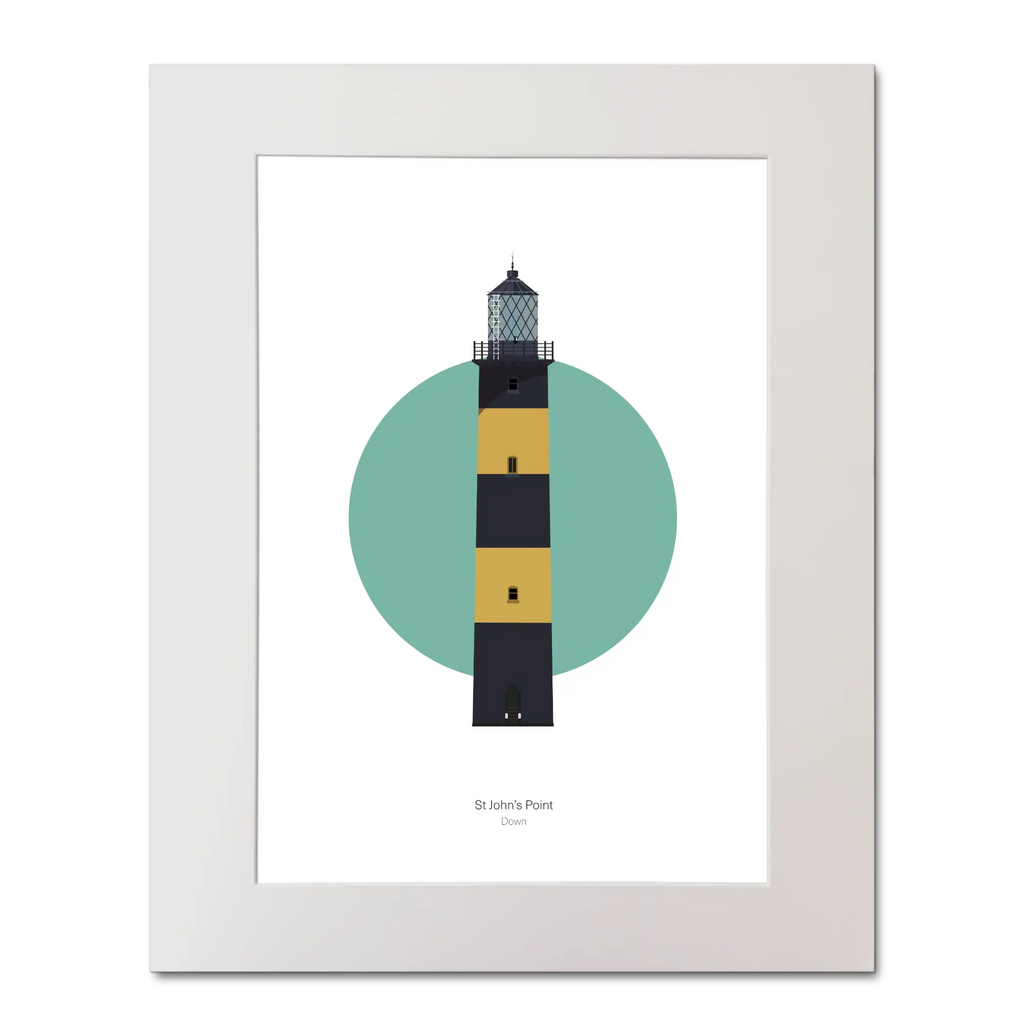 Illustration of St. John's lighthouse on a white background inside light blue square, mounted and measuring 40x50cm.