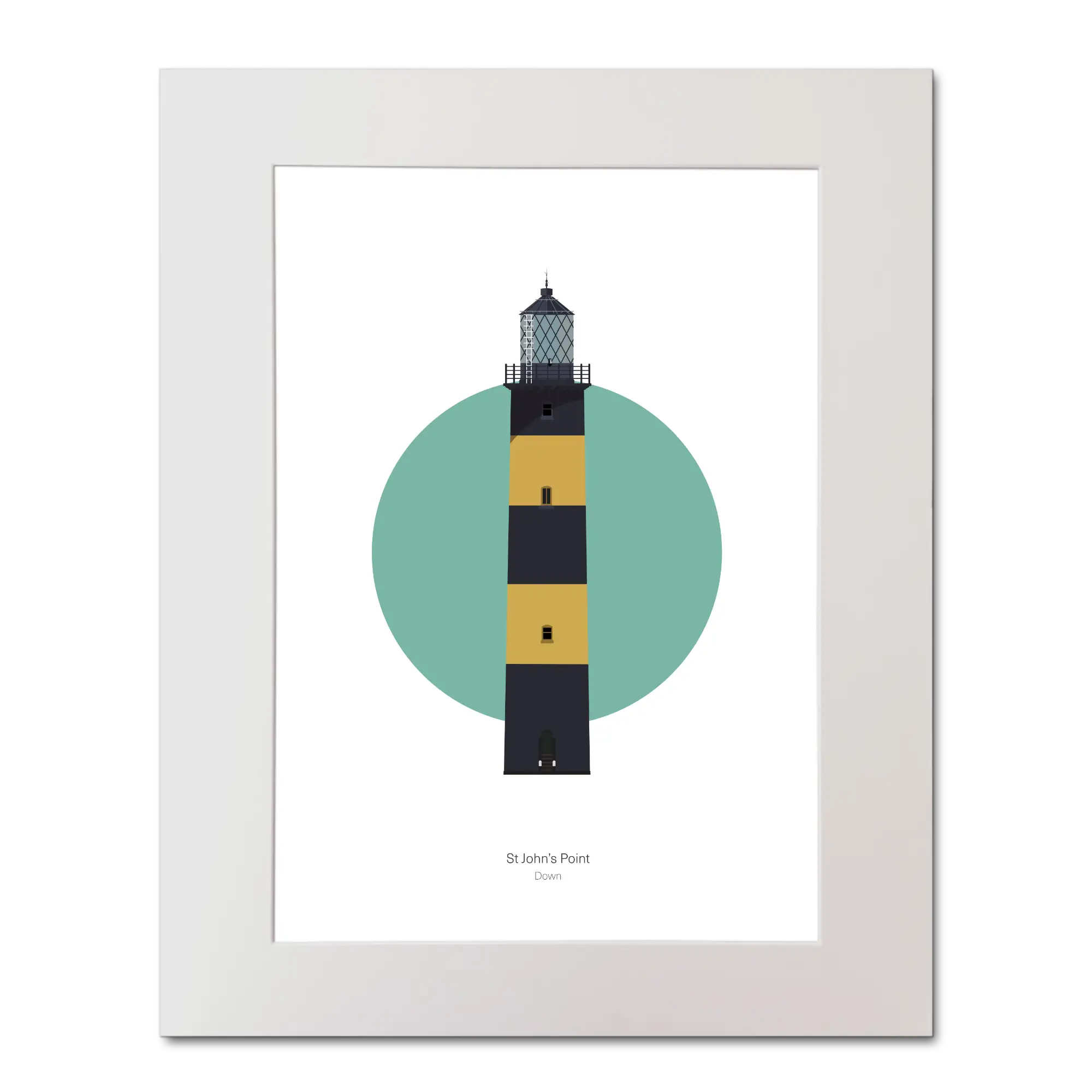 Illustration of St. John's lighthouse on a white background inside light blue square, mounted and measuring 40x50cm.