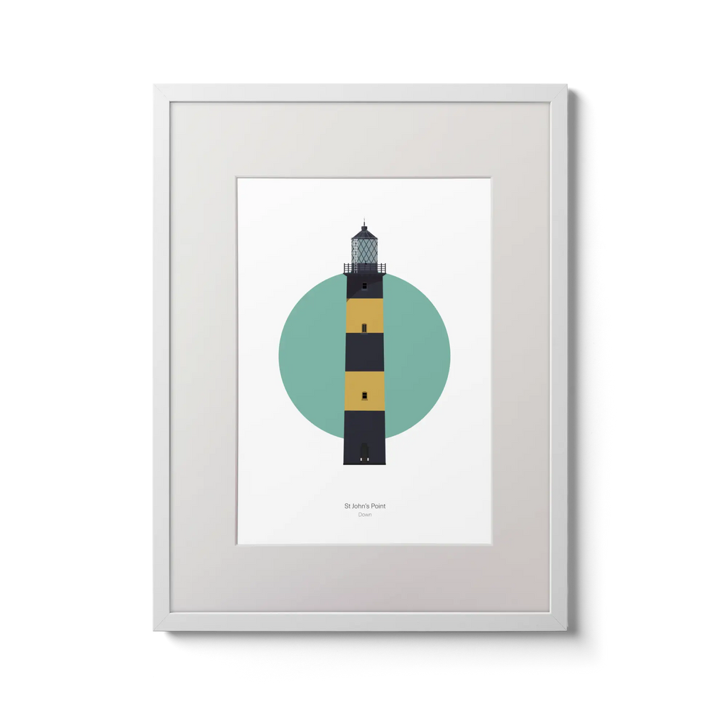 Illustration of St. John's lighthouse on a white background inside light blue square, in a white frame measuring 30x40cm.