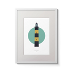 Illustration of St. John's lighthouse on a white background inside light blue square, in a white frame measuring 30x40cm.