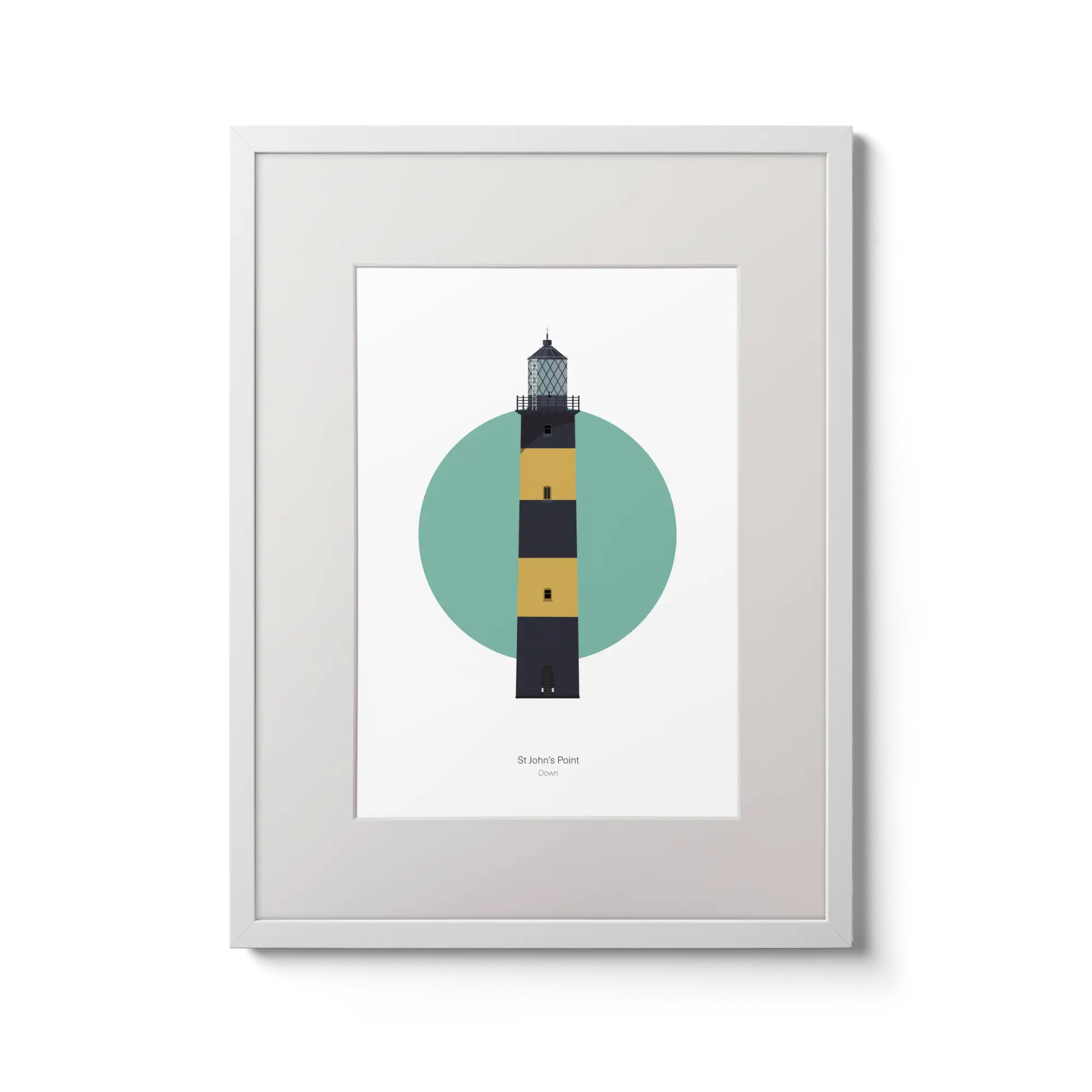 Illustration of St. John's lighthouse on a white background inside light blue square, in a white frame measuring 30x40cm.