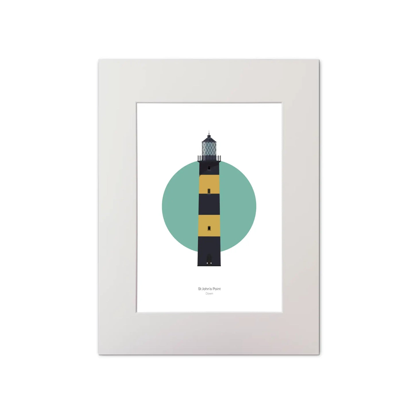 Illustration of St. John's lighthouse on a white background inside light blue square, mounted and measuring 30x40cm.