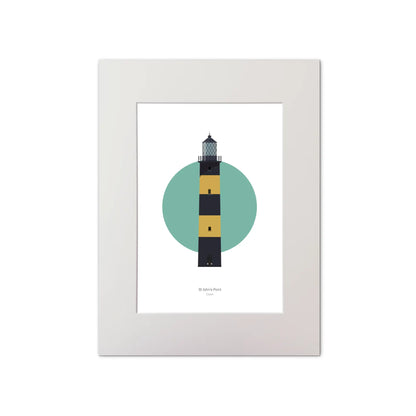 Illustration of St. John's lighthouse on a white background inside light blue square, mounted and measuring 30x40cm.