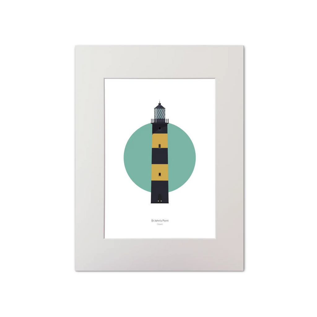 Illustration of St. John's lighthouse on a white background inside light blue square, mounted and measuring 30x40cm.