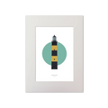 Illustration of St. John's lighthouse on a white background inside light blue square, mounted and measuring 30x40cm.