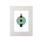 Illustration of St. John's lighthouse on a white background inside light blue square, mounted and measuring 30x40cm.