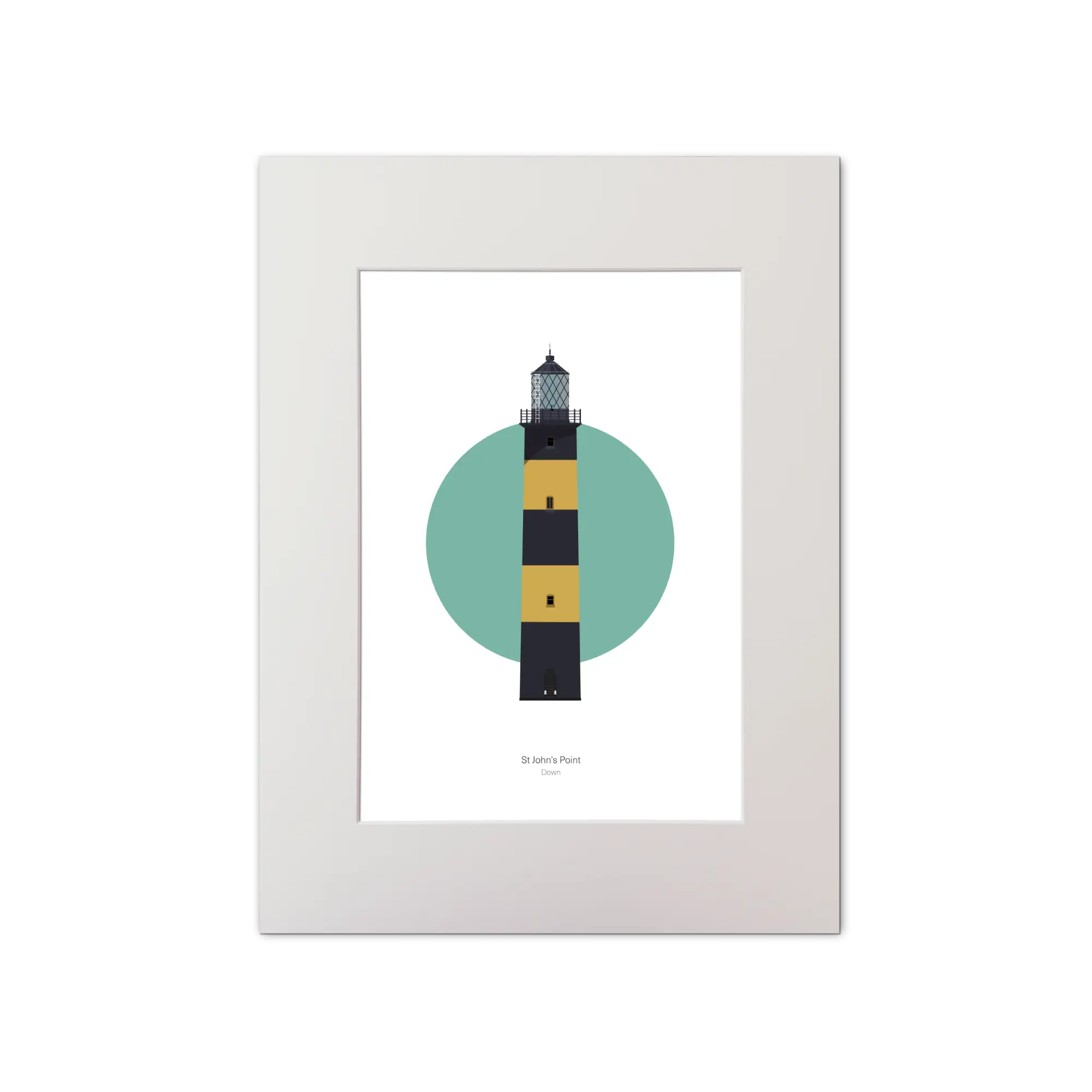 Illustration of St. John's lighthouse on a white background inside light blue square, mounted and measuring 30x40cm.