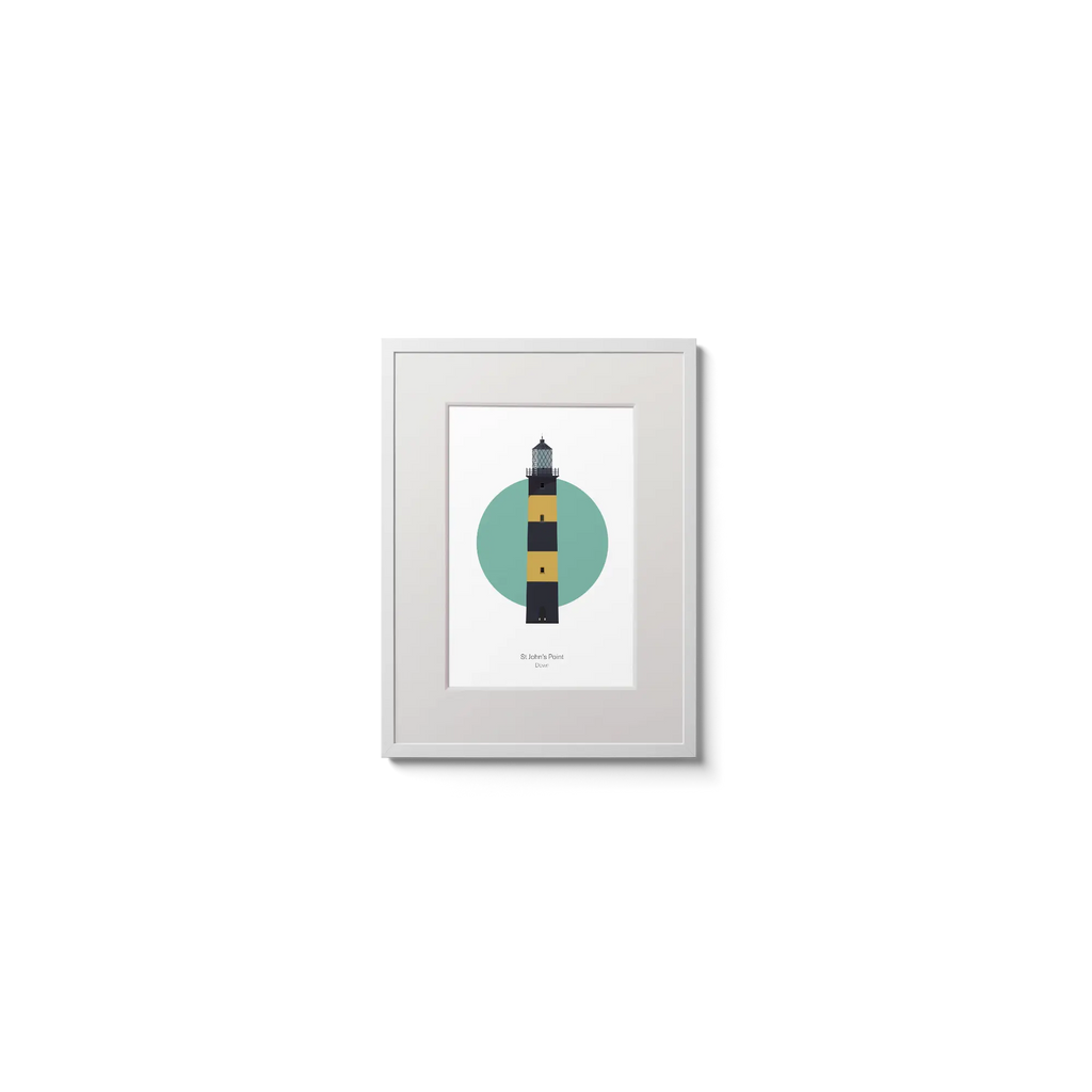 Illustration of St. John's lighthouse on a white background inside light blue square,  in a white frame measuring 15x20cm.