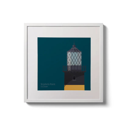 Illustration of St.John's (Down) lighthouse on a midnight blue background,  in a white square frame measuring 20x20cm.