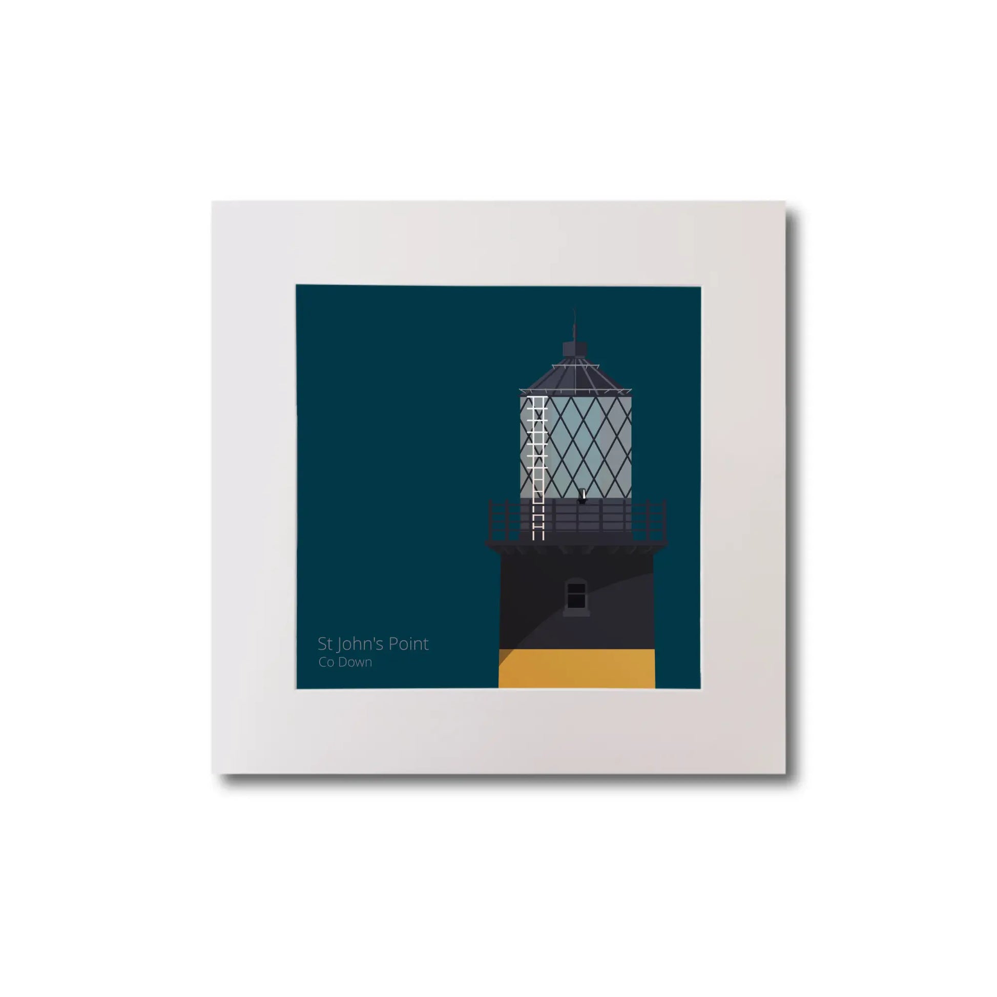 Illustration of St.John's (Down) lighthouse on a midnight blue background, mounted and measuring 20x20cm.