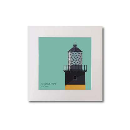 Illustration of St.John's (Down) lighthouse on an ocean green background, mounted and measuring 20x20cm.
