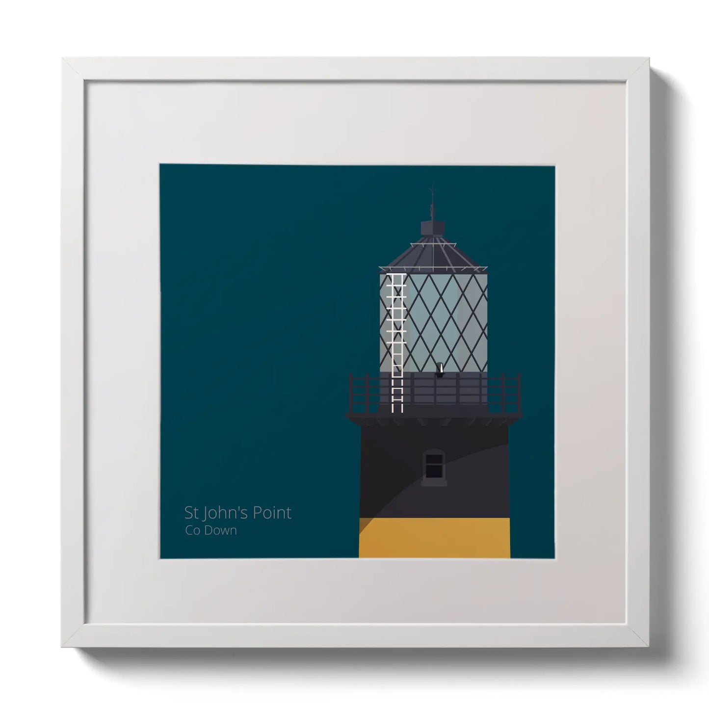 Illustration of St.John's (Down) lighthouse on a midnight blue background,  in a white square frame measuring 30x30cm.