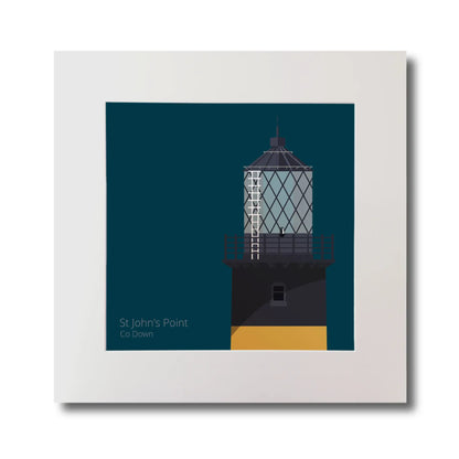 Illustration of St.John's (Down) lighthouse on a midnight blue background, mounted and measuring 30x30cm.
