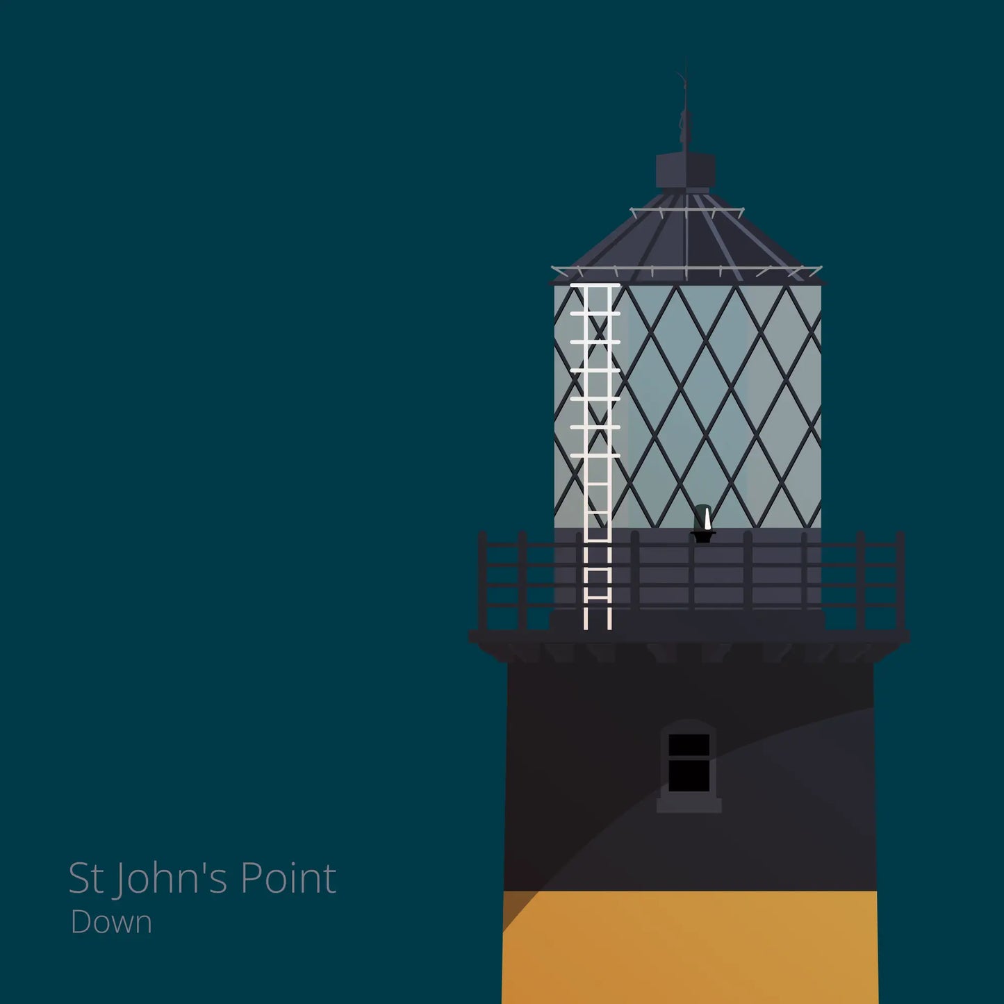 Illustration of St.John's (Down) lighthouse on a midnight blue background
