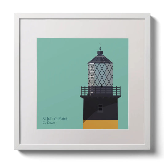 Illustration of St.John's (Down) lighthouse on an ocean green background,  in a white square frame measuring 30x30cm.