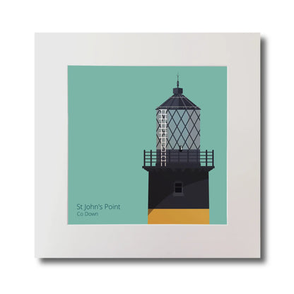 Illustration of St.John's (Down) lighthouse on an ocean green background, mounted and measuring 30x30cm.