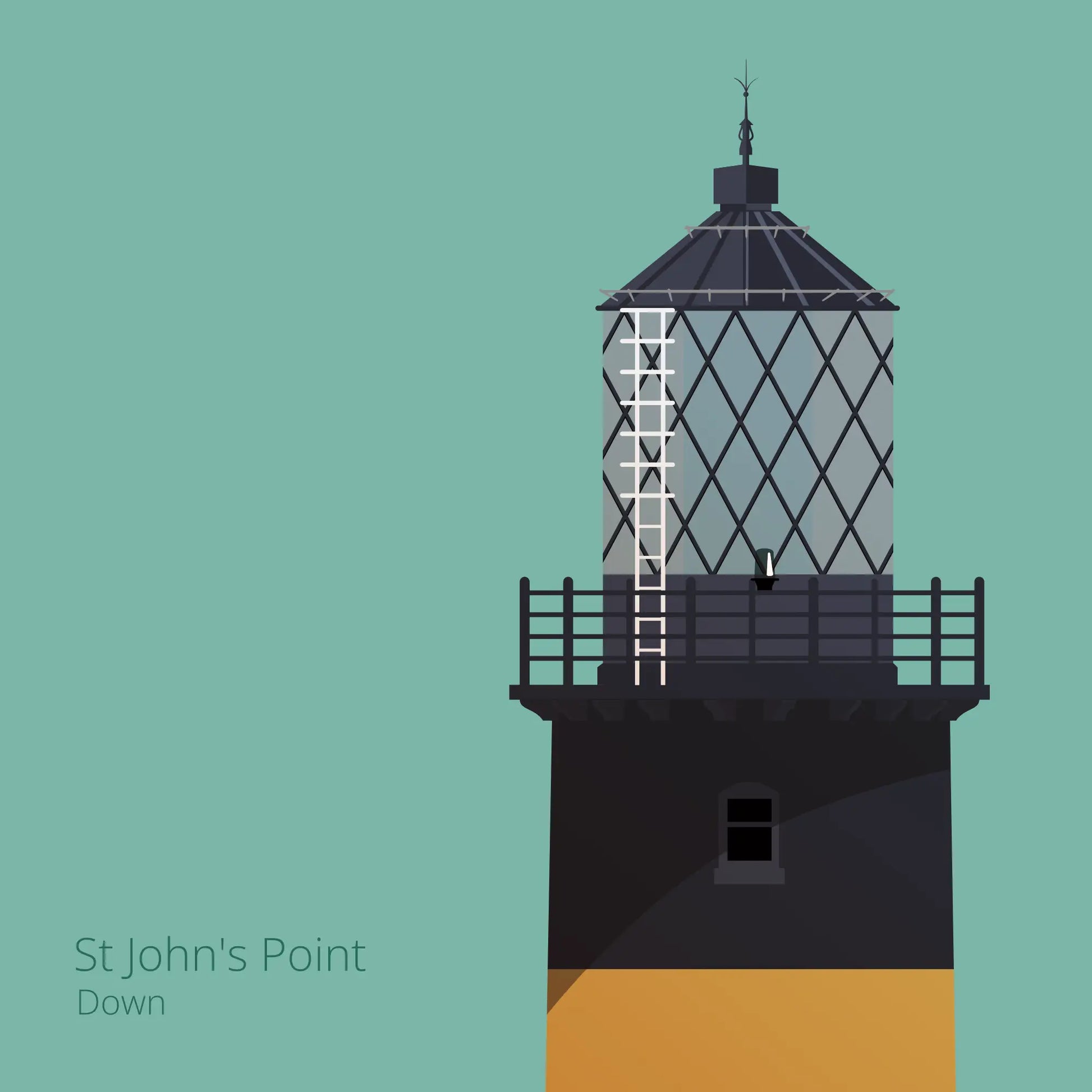 Illustration of St.John's (Down) lighthouse on an ocean green background